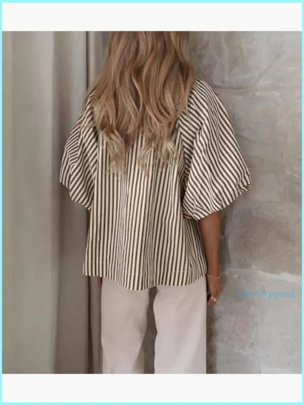 Striped Button Down Shirt Puff Sleeve Collared V Neck Loose Casual Blouse - Picture 6 of 7
